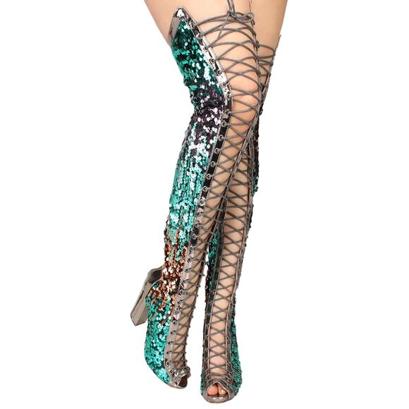 Chase + Chloe purple teal bronze Sequin Thigh High Lace Up Boots 9 Back Zip rave - Picture 2 of 14